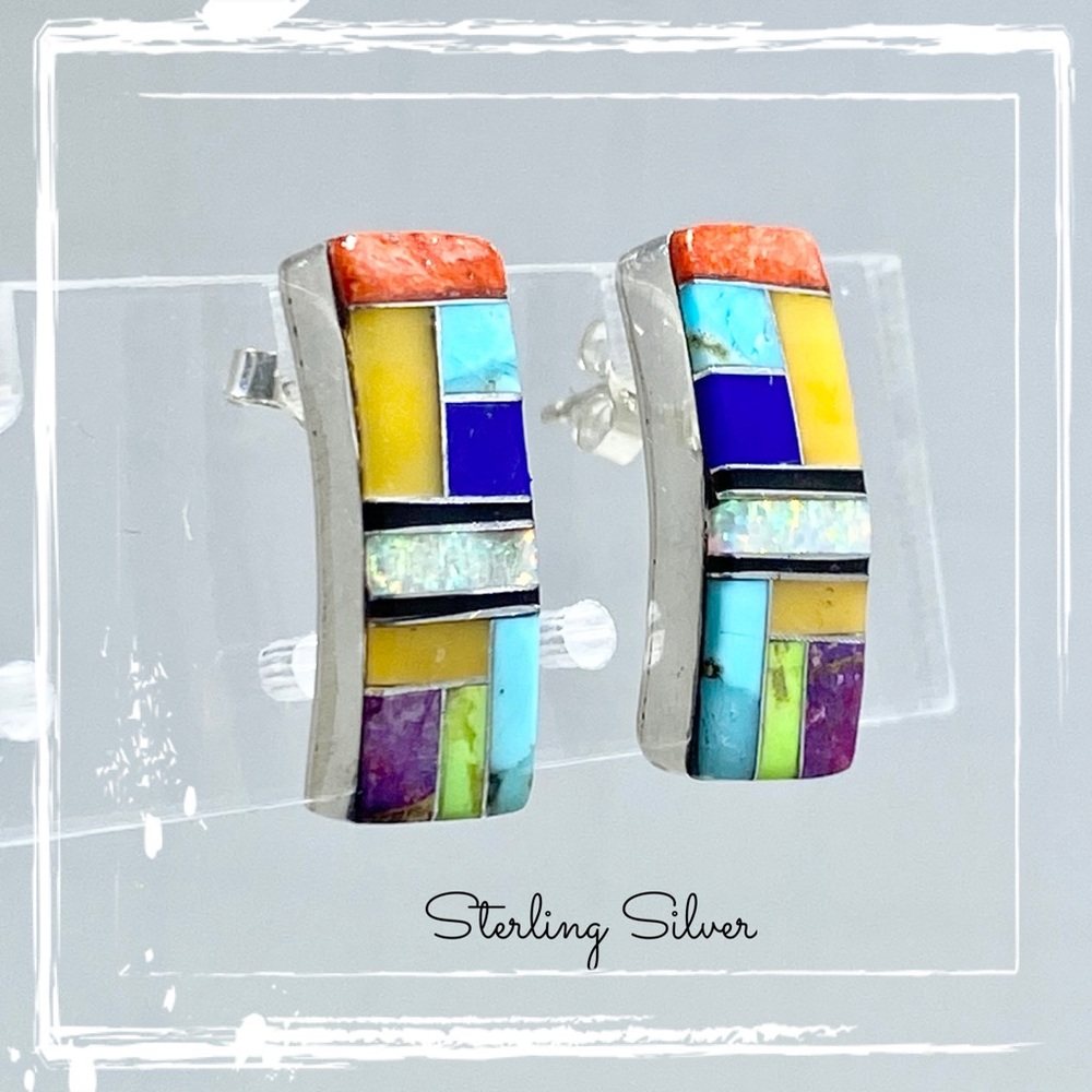 Signed-SM Multi Stone Inlaid Curve Sterling Silver Post Back Native Earrings - Picture 3 of 10